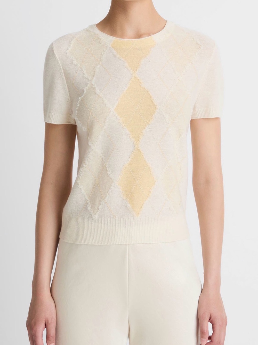 Vince Wool and Cashmere Hand-cut Argyle Raw Seam Short Sleeve Sweater (L)